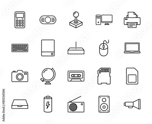 Electronics and technology line icon set. Vector pictograms of calculator, joystick, computer, printer, keyboard, mouse, camera, radio, and memory card, outline style.