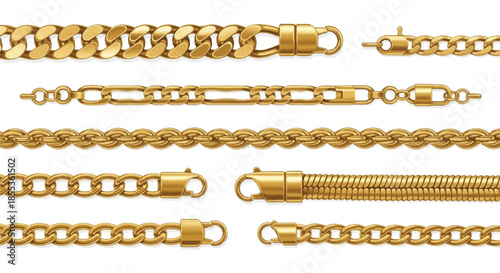 A realistic gold chain collection featuring various luxurious necklace styles and bracelet links is presented in a detailed flat 2D vector illustration, isolated against a clean white background.
