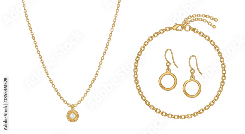 A beautiful set of shiny gold chain accessories, including necklaces and bracelets, is presented in a detailed, flat 2D minimal vector illustration isolated on a clean white background.