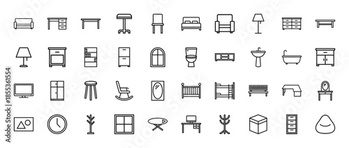Home furniture line icon set featuring vector pictograms of sofa, desk, bed, lamp, wardrobe, chair, table, and bathroom fixtures, thin outline illustration.