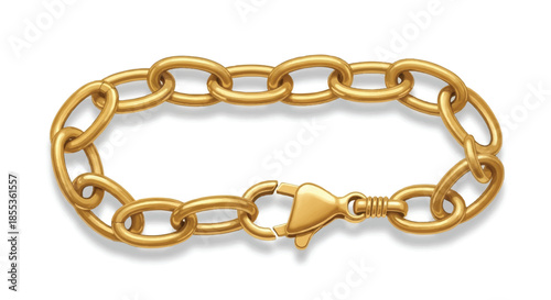 A photorealistic flat 2D illustration of a luxurious gold chain featuring interconnected oval links and a detailed functioning clasp mechanism isolated on a clean white background.