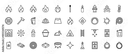 Fire and safety line icon set. Vector pictograms of flame, extinguisher, hydrant, helmet, axe, matches, candle, hose, sprinkler, and bonfire, thin outline illustration.