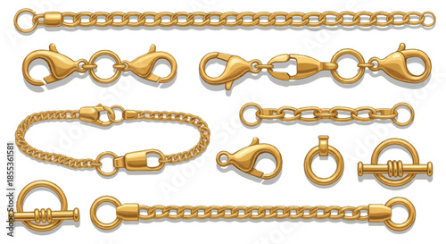 Realistic 2D flat illustration of luxurious golden chains, clasps, and connection links, isolated against a crisp white background for a clean jewelry component presentation.