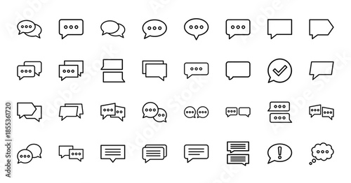 Communication and chat line icon set. Vector pictograms of speech bubbles, message boxes, notification alerts, and dialogue clouds, thin outline illustration.