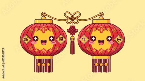 Adorable Pair of Chinese Lanterns with Happy Faces, Festive Chinese New Year Decorations