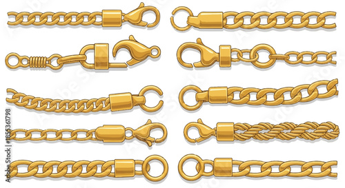 Premium golden metal chains with secure lobster clasps are presented in a flat 2D vector illustration, isolated cleanly on a pure white background.
