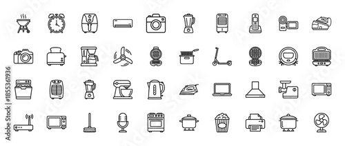 Home appliances line icon set. Vector pictograms of blender, toaster, coffee maker, air fryer, microwave, vacuum, fan, camera, iron, and kettle, thin outline illustration.
