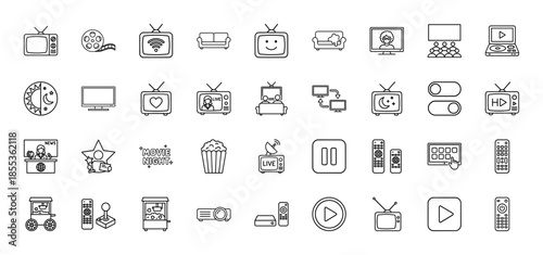 Television and home entertainment line icon set featuring vector pictograms of remote controls, popcorn, projectors, movies, and smart screens in thin outline illustration.