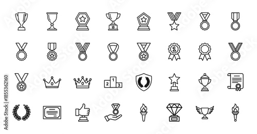 Award and achievement line icon set. Vector pictograms of trophy, medal, star, crown, podium, laurel wreath, certificate, torch, and diamond, thin outline illustration.