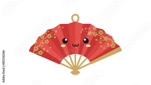 Whimsical red folding fan illustration with a sweet kawaii face and elegant golden floral details, capturing the essence of charming cultural decoration in a delightful vector art style