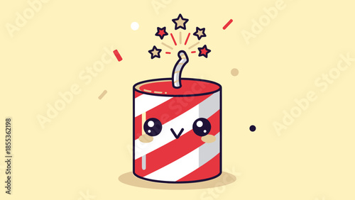 Adorable cartoon firecracker character with a happy face spreading cheer and excitement for special occasions and festivities, bursting with vibrant sparks and confetti