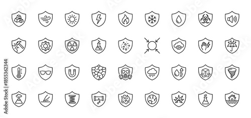 Industrial protection and safety line icon set. Vector pictograms of radiation, chemical, fire, biohazard, electricity, weather, and respiratory gear, outline illustration.