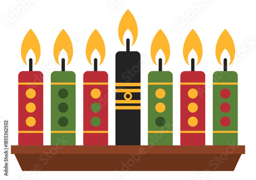 Kinara Minimalist Flat Design, with Seven Glowing Candles, Symbolizing Cultural Holiday Festivities, Seasonal Celebration, Traditional Ceremonies, Festival Decorations, and Holiday Spirit 