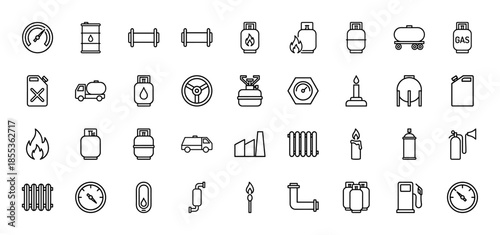 Natural gas and petroleum line icon set. Vector pictograms of cylinder, fuel tank, barrel, canister, pressure gauge, pipe, stove, and flame, thin outline illustration.