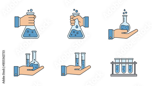 Hands holding various laboratory glassware with blue liquid, illustrating scientific experiments and research.