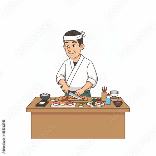 Vector illustration, flat line art of a Japanese chef preparing sushi for a customer.