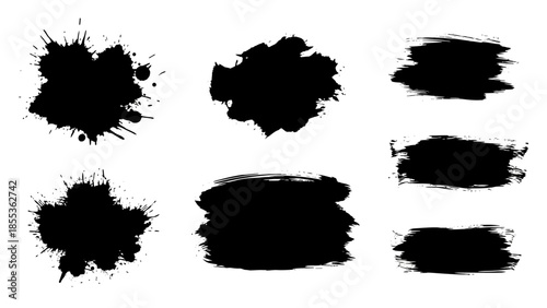 Set of various black ink splatters and brush strokes on white background.
