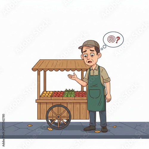 A vegetable seller complains and looks tired because his business is quiet, vector illustration.