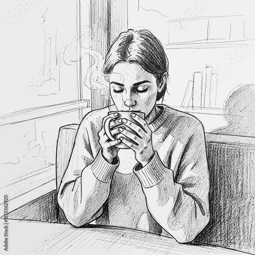 Woman drinking hot beverage from mug, sketch style, cozy atmosphere, steam rising