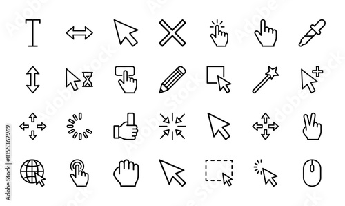 Computer cursor line icon set. Vector pictograms of arrow, hand, finger, click, hourglass, pencil, wand, grab, move, and loading symbols, thin outline illustration.