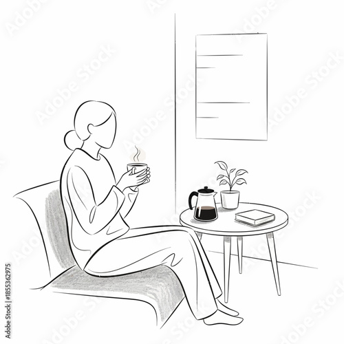 Woman enjoying hot coffee in cozy living room, minimalist line art illustration
