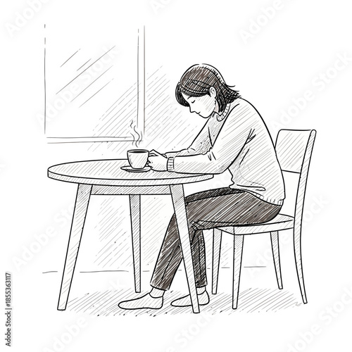 Woman sitting at table with coffee cup, contemplating, sketch illustration