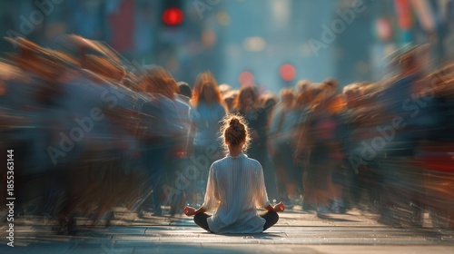 Woman meditates peacefully amidst bustling city crowd