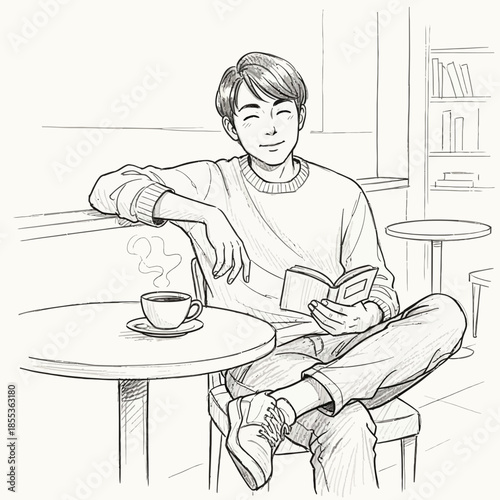 Young Man Reading Book Enjoying Coffee in Cafe