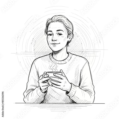 Young Person Holding Warm Mug, Steaming Drink, Cozy Lifestyle Illustration