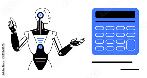 Artificial intelligence, automation, fintech, machine learning, education, programming. A humanoid robot gesturing toward a digital calculator. Artificial intelligence and automation concept