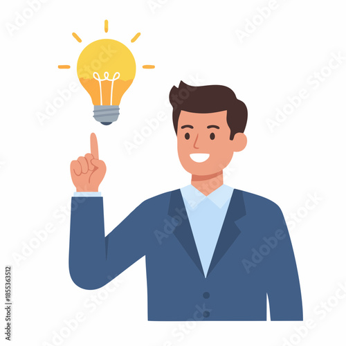 Man in blue suit having an idea represented by a glowing lightbulb above his finger