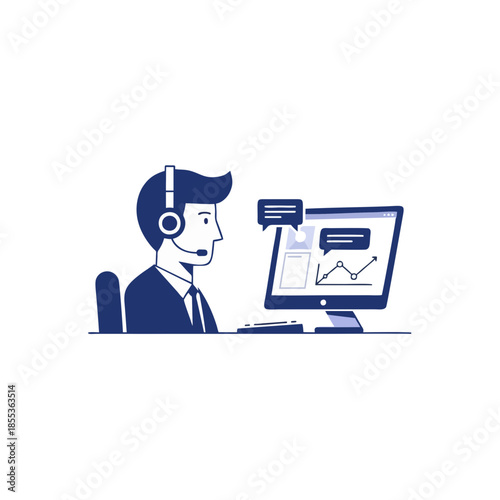 A man wearing headphones works on a computer displaying graphs