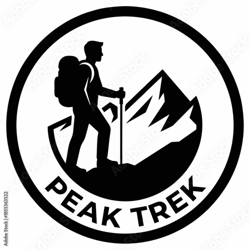 Hiker standing on mountain peak with trekking pole and backpack in circular logo design