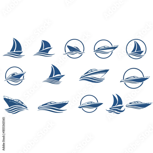 Collection of blue sailboat logos on white background