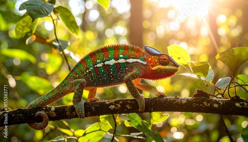 A colorful Panther Chameleon rests upon a sun-drenched branch in a lush, green forest.