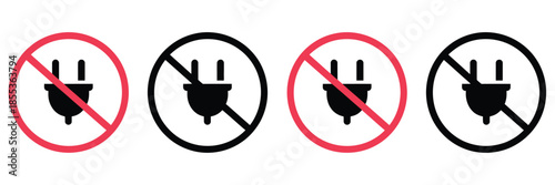 No Electric Plug Warning Icons, Power Restriction, Prohibited Socket, and Safety Sign Vector Set, Including Electrical Safety Symbols