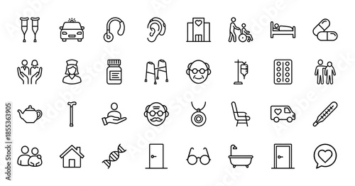 Elderly care and nursing line icon set. Vector pictograms of wheelchair, walker, medicine, hearing aid, crutches, nurse, hospital, and caregiver, thin outline illustration.
