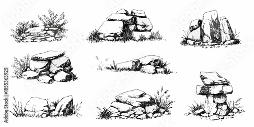 A collection of sketched stones and boulders with surrounding vegetation