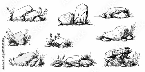 A collection of sketched stones and rocks with surrounding grassy vegetation