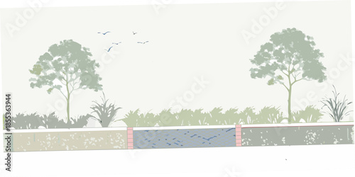 A tranquil landscape featuring trees a wall and birds in the sky