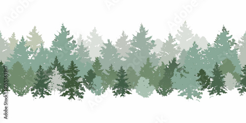 A serene landscape featuring a repeating pattern of stylized evergreen trees
