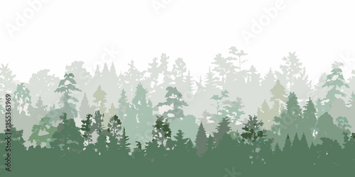 Serene forest landscape with layered silhouettes of trees in soft green hues