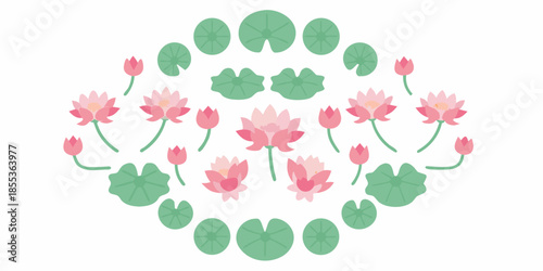 A circular arrangement of pink lotus flowers and green lily pads