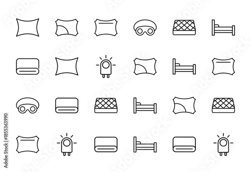 Sleep and bedroom line icon set. Vector pictograms of pillow, mattress, bed, eye mask, night light, and blanket, thin outline illustration.