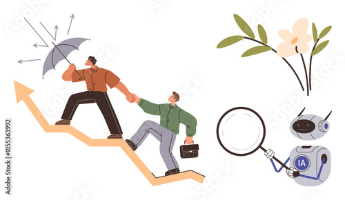 Two people climbing upward on a graph, braving hurdles with an umbrella, paired with a robotic AI assistant and blooming flower. Ideal for teamwork, growth, AI, problem-solving, resilience