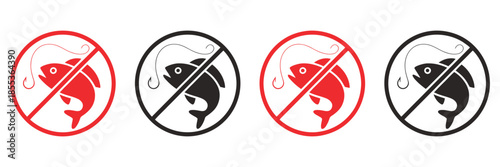 No Fishing Prohibition Sign, Featuring Fish and Hook Ban Silhouette, Vector Icon Set, Safety Alerts, Restricted Zones, Conservation Warnings, and Environmental Awareness Designs