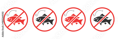 No Fishing Prohibition Sign, Fish and Hook Ban Symbol Silhouette Vector Icon, Including Water Safety Warnings
