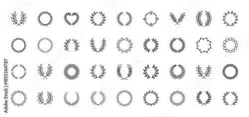 Laurel wreath and floral frame icon set. Vector pictograms of foliage, branches, wheat, olives, berries, and geometric borders, thin black outline illustration.