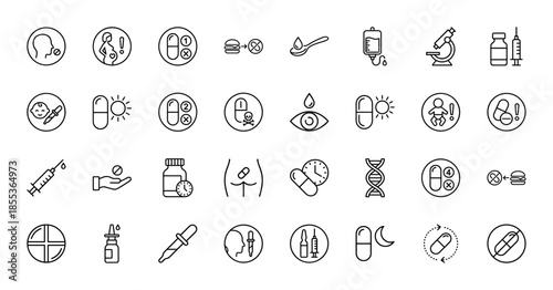 Medical pharmacology line icon set featuring vector pictograms of pill, syringe, dropper, pregnancy, dosage instructions, and laboratory equipment, thin outline style.