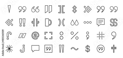 Punctuation line icon set. Vector pictograms of comma, quote, question mark, bracket, colon, semicolon, parenthesis, asterisk and speech bubble, thin outline illustration.